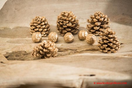 Pomme de pin et noix doré pour les décoration de Noël - Les Doigts Fleuris